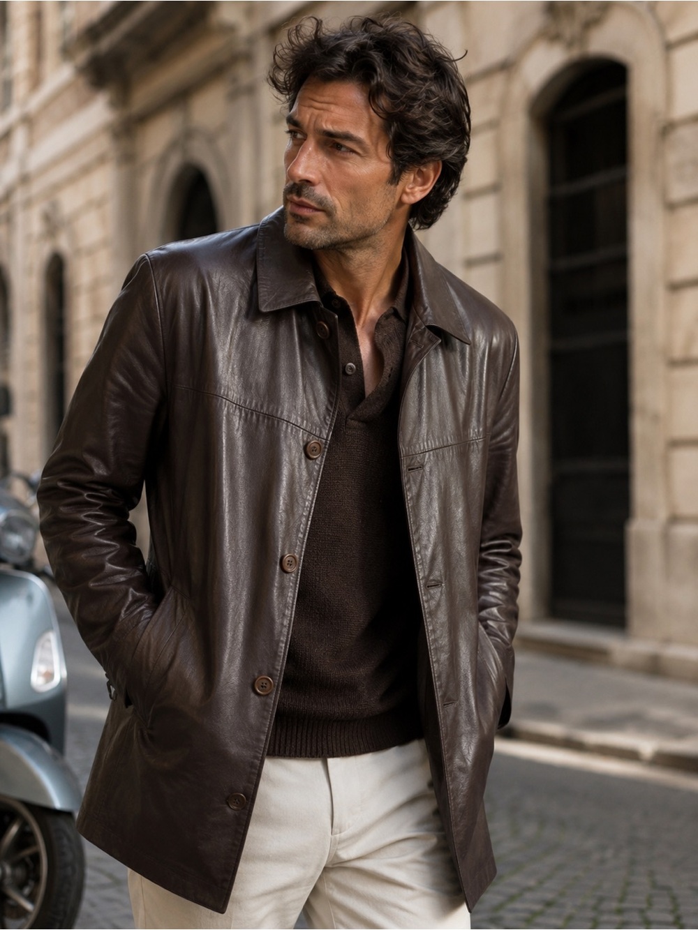 Firenze men's Brown Leather Button-FrontJacket